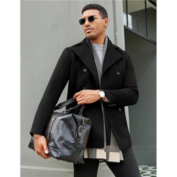 Mens Pea Coat Double Breasted Winter Overcoat Trench Coat Notched Collar - Picture 3 of 7
